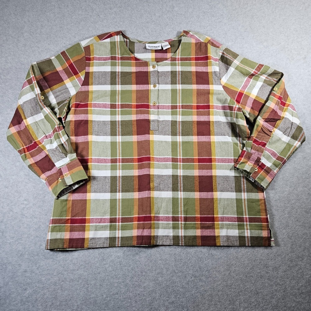 Serengeti Sz 1X VTG Cottagecore Plaid 1/4 Button‎ Up Long Sleeve Pop Over Blouse